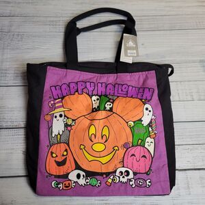 NWT Disney Parks Mickey Mouse Head Happy Halloween Pumpkin Zipper Tote Bag Black